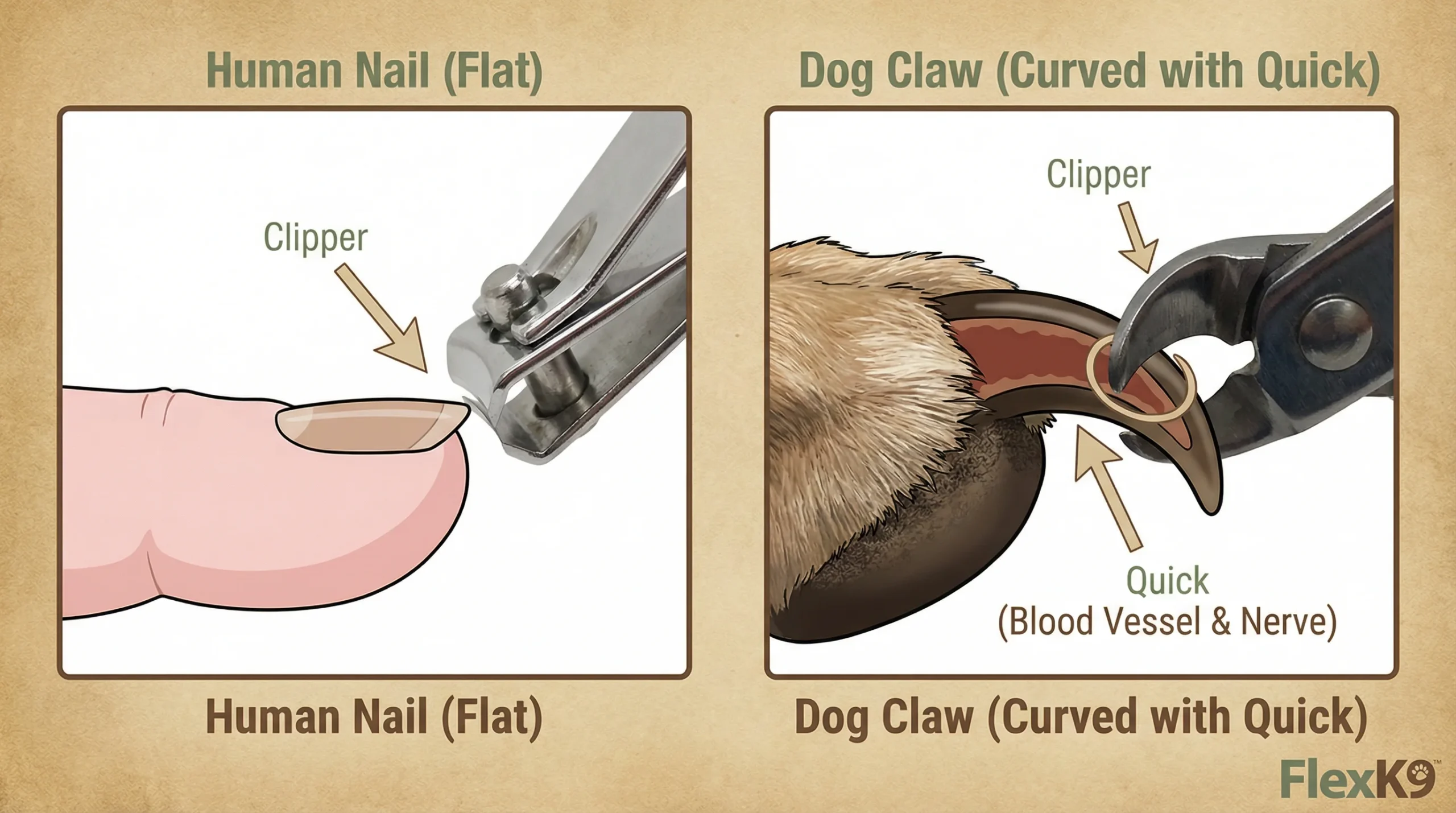 Can You Cut Dog Nails With Human Clippers – Nail Structure Diagram Can you cut dog nails with human clippers diagram showing flat human nail vs curved dog nail with quick