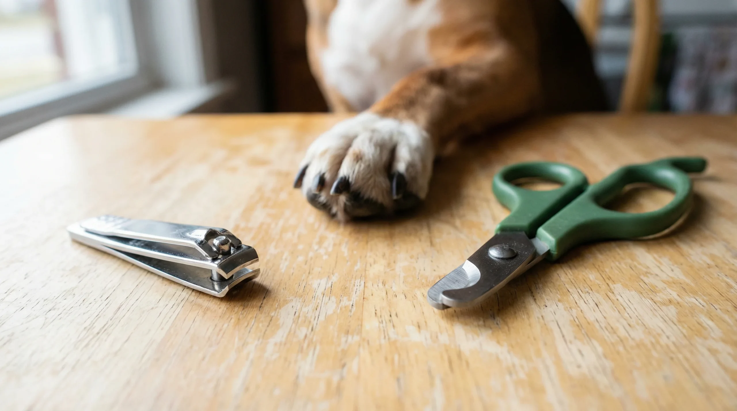 Can you cut dog nails with human clippers shown next to a dog paw and proper dog nail scissors on a wooden table