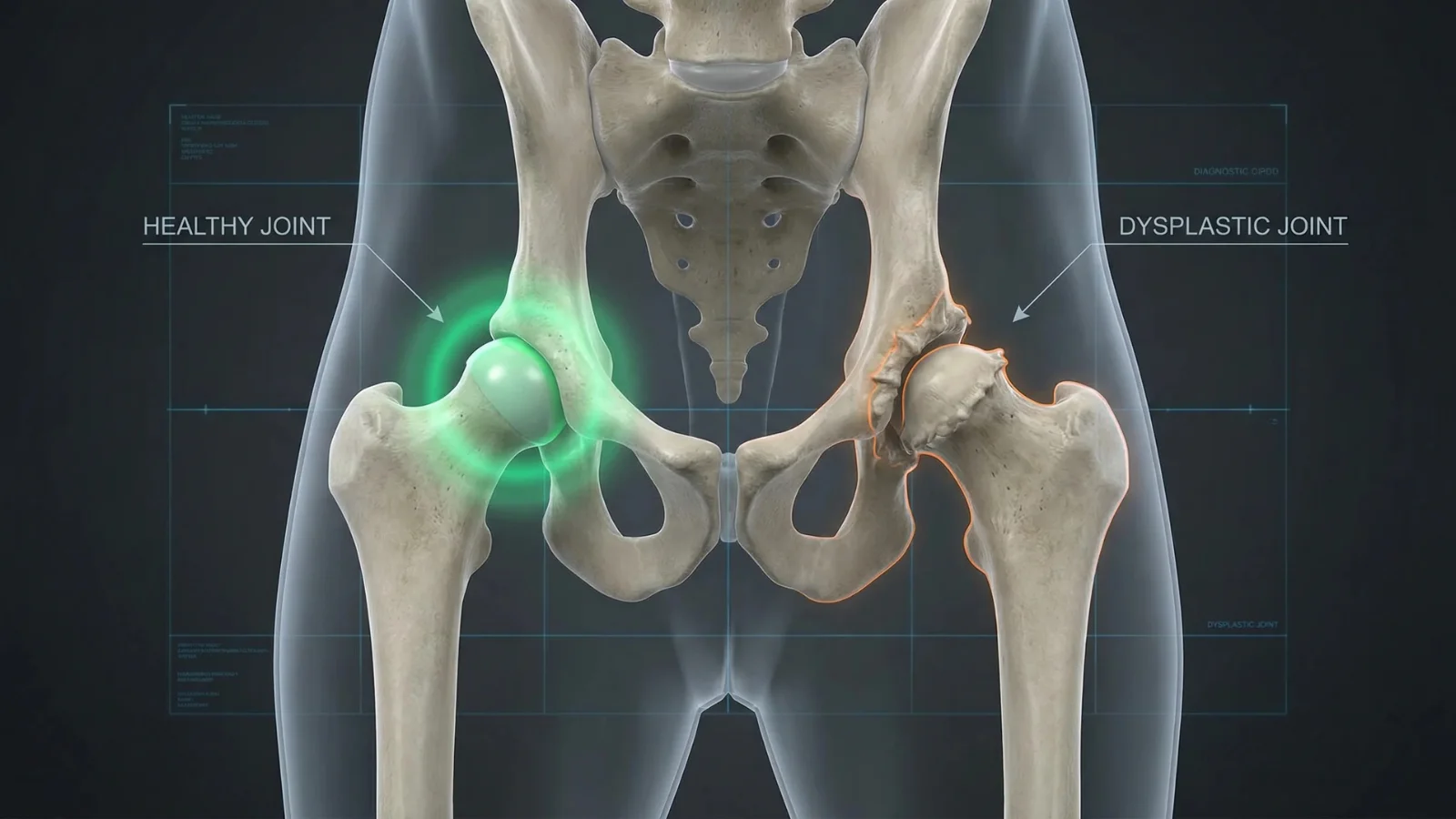 A 3D medical illustration comparing a healthy dog hip joint highlighted in green versus a painful dysplastic joint outlined in orange, showing bone irregularity and misalignment.