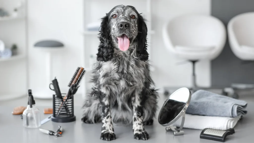 Black and grey dog sitting in front of grooming tools on a salon table, looking happy and clean.