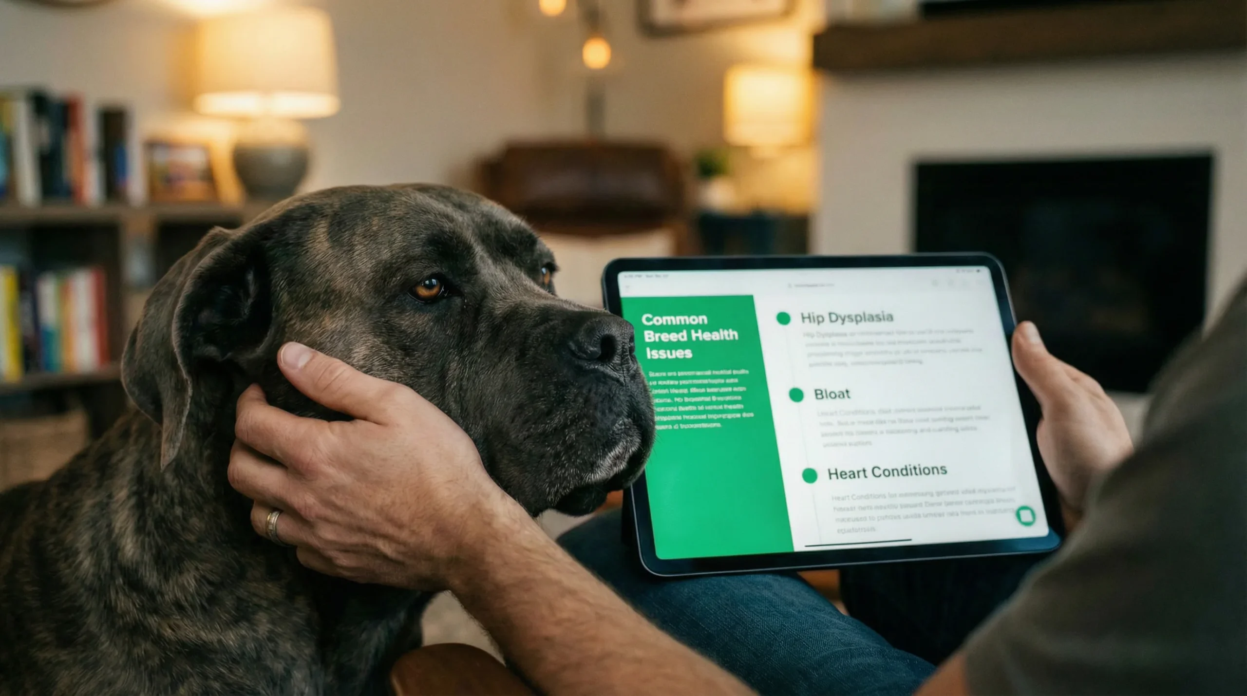 A person researching "Common Breed Health Issues" on a tablet while comforting their large brindle dog, with the screen showing a guide on dog breeds with common health problems like hip dysplasia and bloat