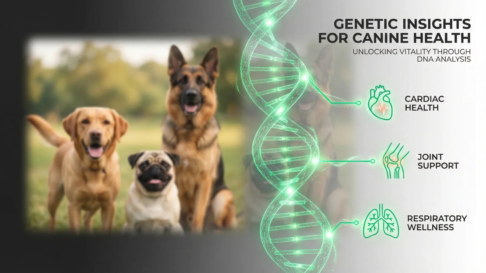 Hybrid infographic showing a Labrador, German Shepherd, and Pug next to a glowing green DNA strand connecting to icons for cardiac, joint, and respiratory health.