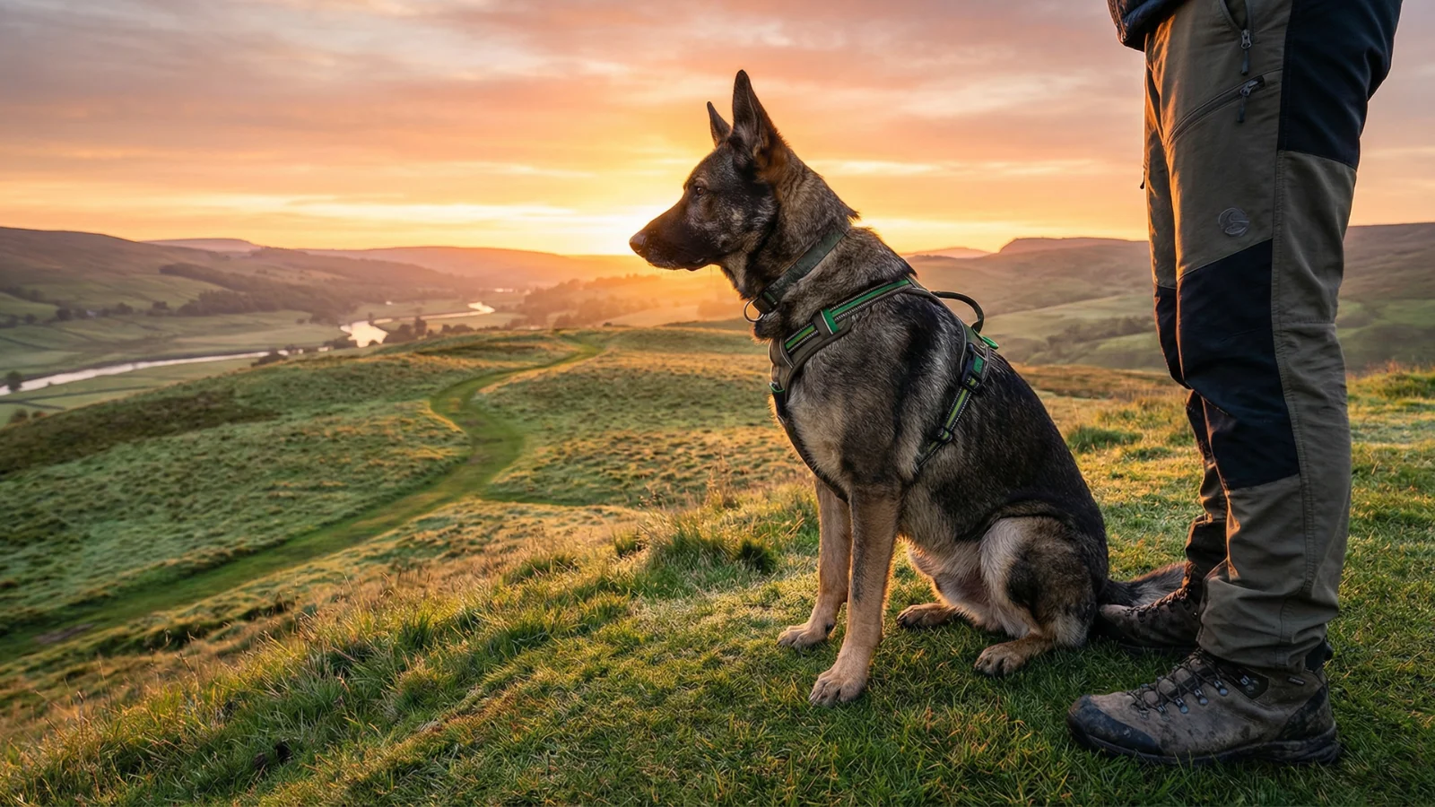 A healthy German Shepherd in a harness sitting next to its owner at sunrise, looking over a green landscape, symbolizing the positive outcome of proactive care for dog breeds with common health problems.