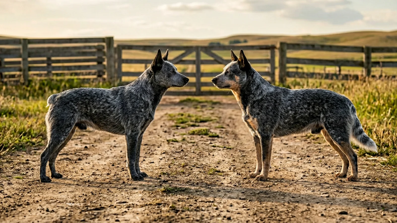 A visual guide showing a stumpy tail cattle dog vs australian cattle dog, featuring a natural bobtail breed on the left and a full-tailed breed on the right on a dirt track.