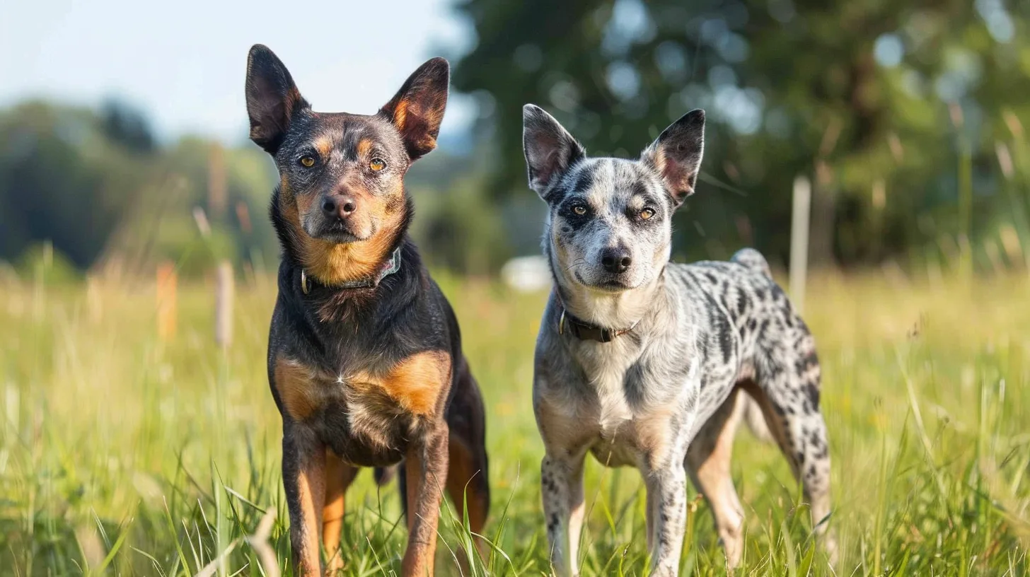 Stumpy Tail Cattle Dog vs Australian Cattle Dog standing side by side in a grassy field, facing forward with alert posture.