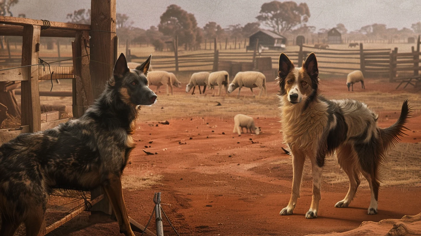 Stumpy Tail Cattle Dog vs Australian Cattle Dog: Historical Working Comparison Stumpy Tail Cattle Dog vs Australian Cattle Dog: key differences illustrated in a historical farm scene with both breeds working together in the Australian outback.