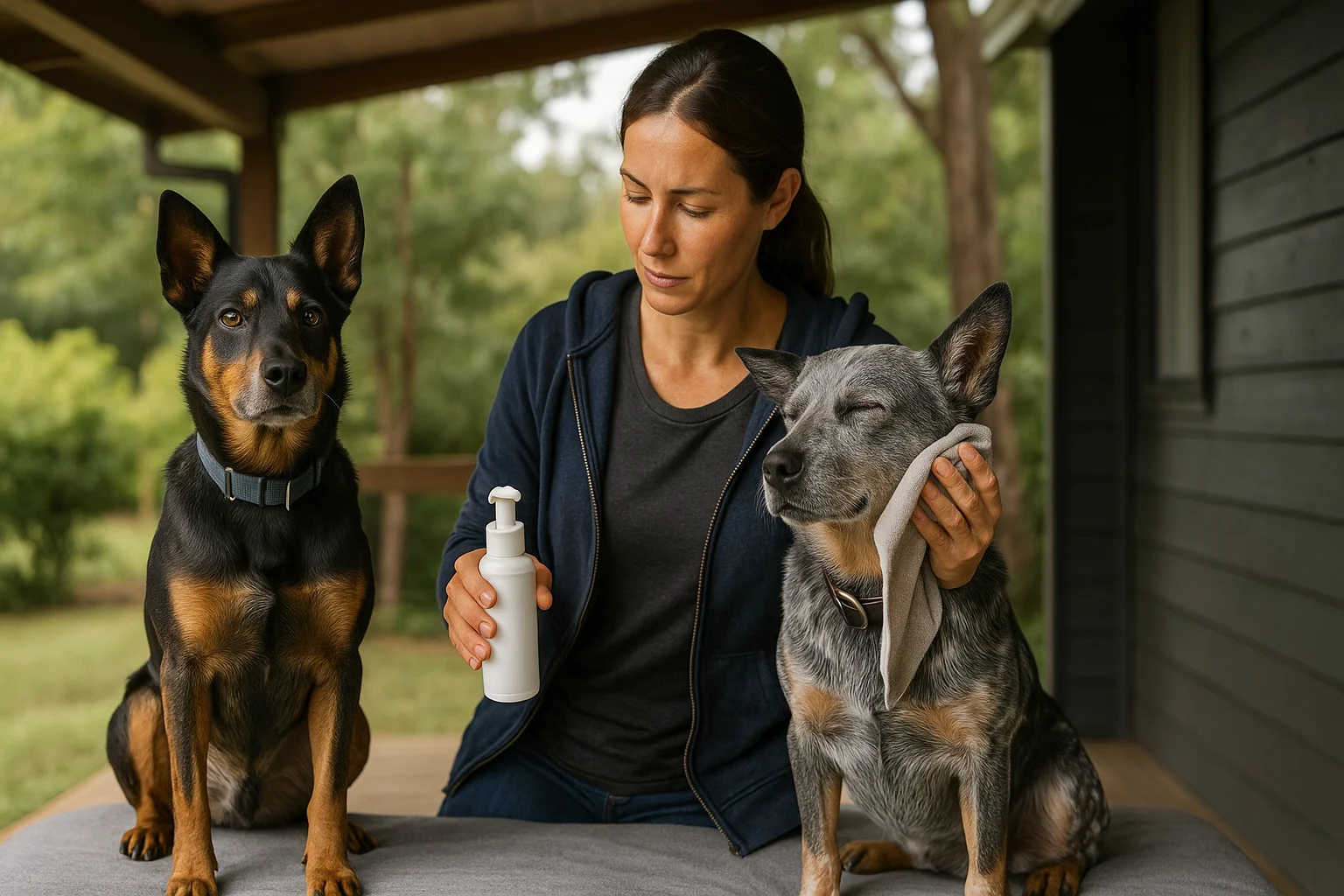 Care and Health Needs – Stumpy Tail vs Australian Cattle Dog Stumpy Tail Cattle Dog vs Australian Cattle Dog: key differences in grooming and health care shown during an outdoor routine.