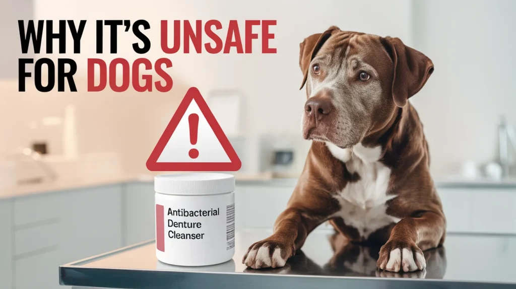 Can I Use Antibacterial Denture Cleanser to Clean Dogs Ears? Concerned dog on a vet table next to a container labelled Antibacterial Denture Cleanser with a red warning symbol and text saying why it’s unsafe for dogs.