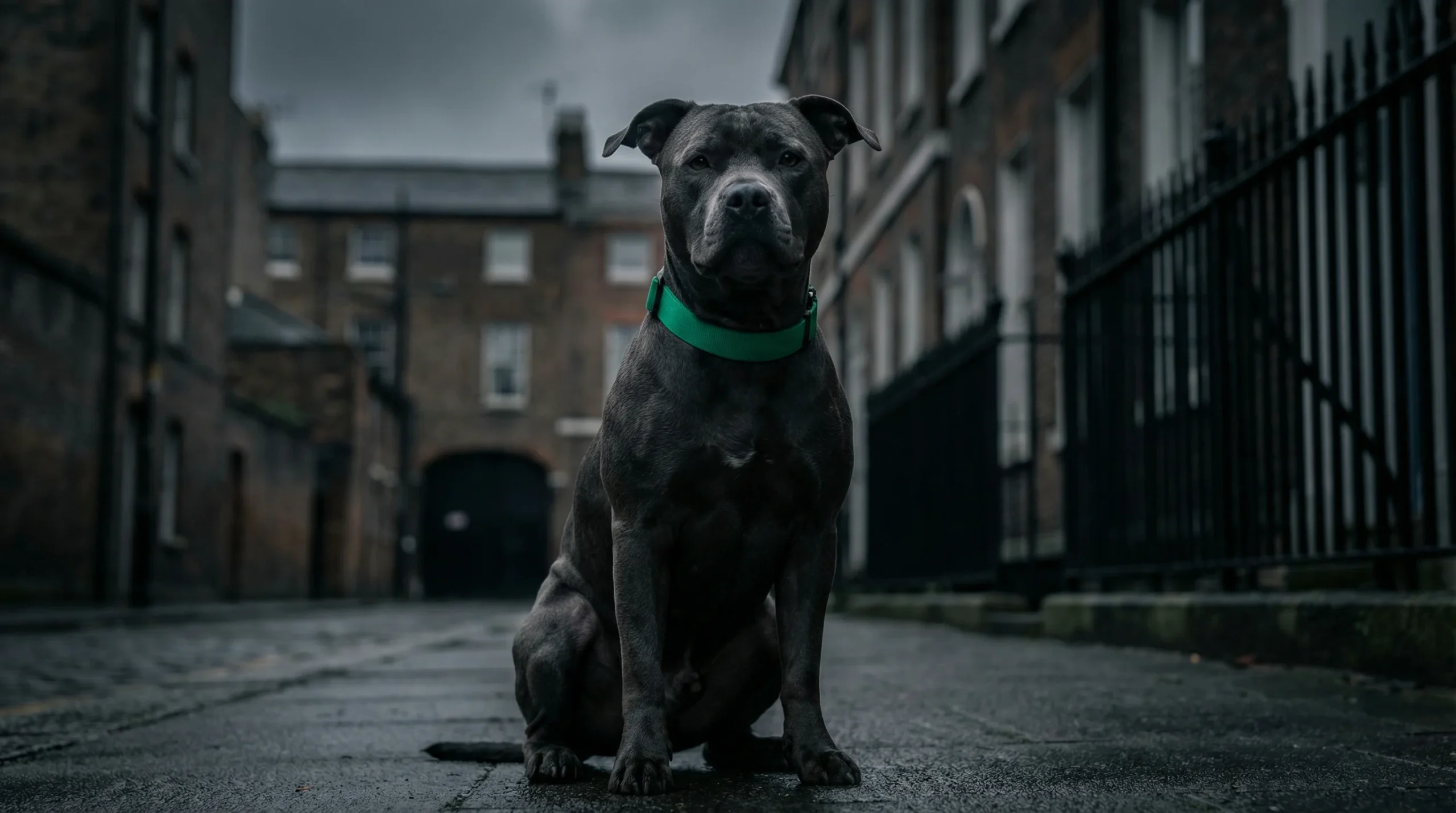 Are pitbulls banned in the UK? Pit bull–type dog sitting on a UK residential street under Dangerous Dogs Act law