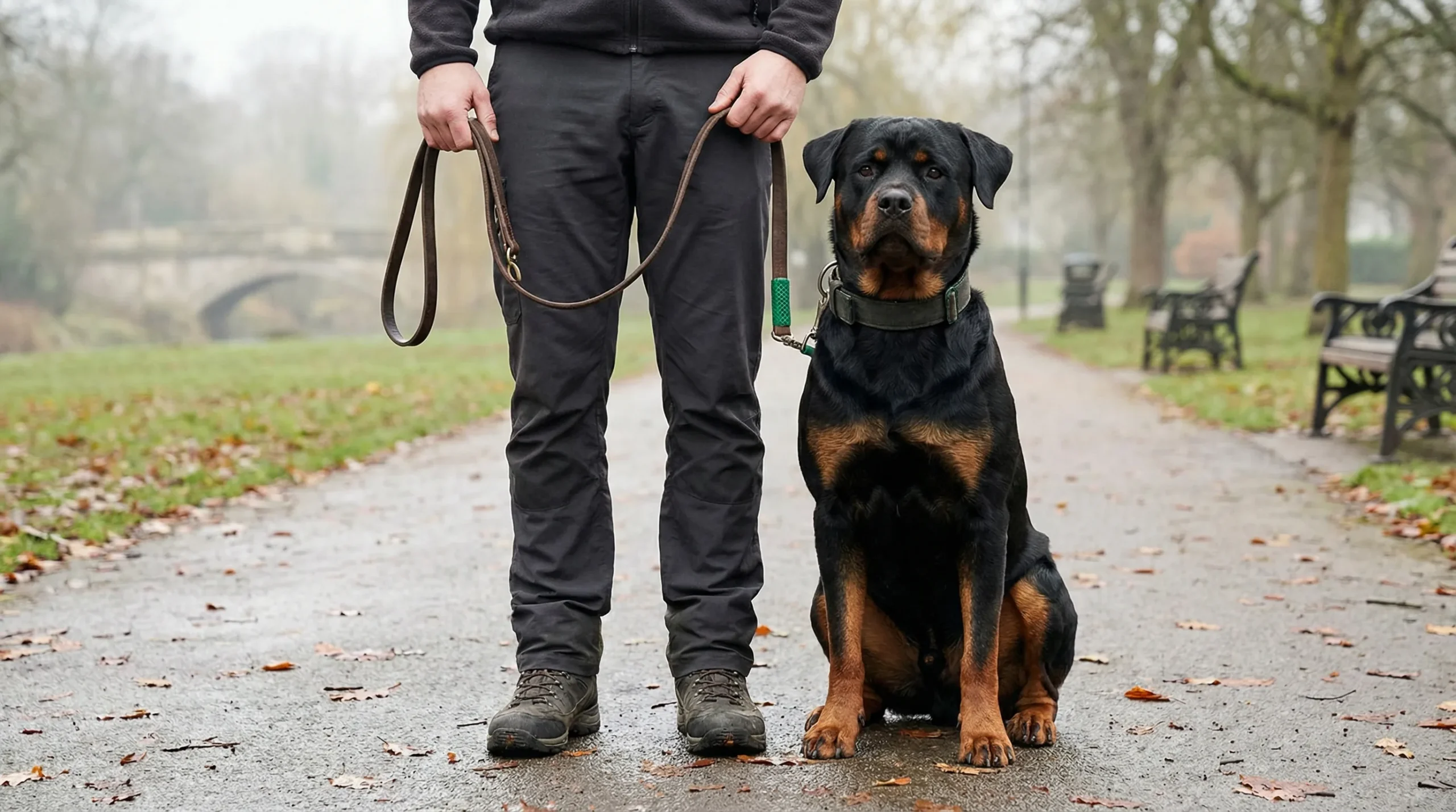 Are Rottweilers banned in the UK? A Rottweiler being walked responsibly on a lead in a public park
