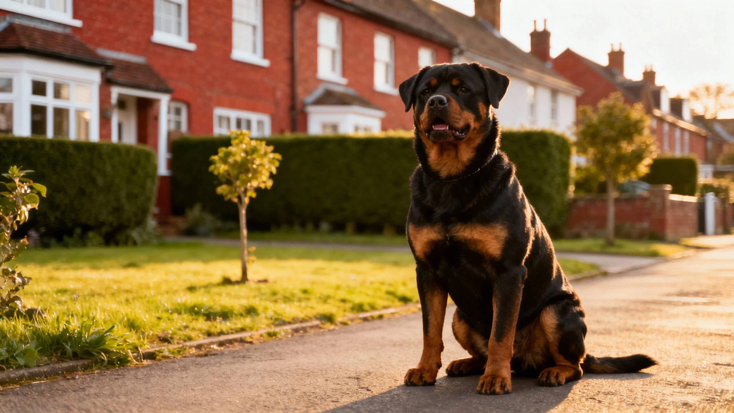 Are Rottweilers banned in the UK? — Rottweiler sitting calmly in a British neighbourhood