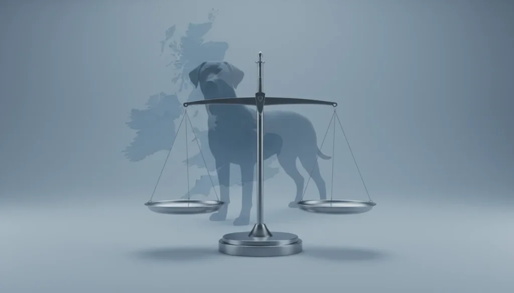 list of banned dog breeds UK legal illustration with scales and dog silhouette