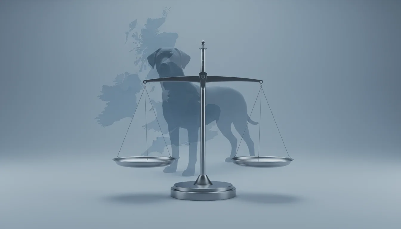 list of banned dog breeds UK legal illustration with scales and dog silhouette