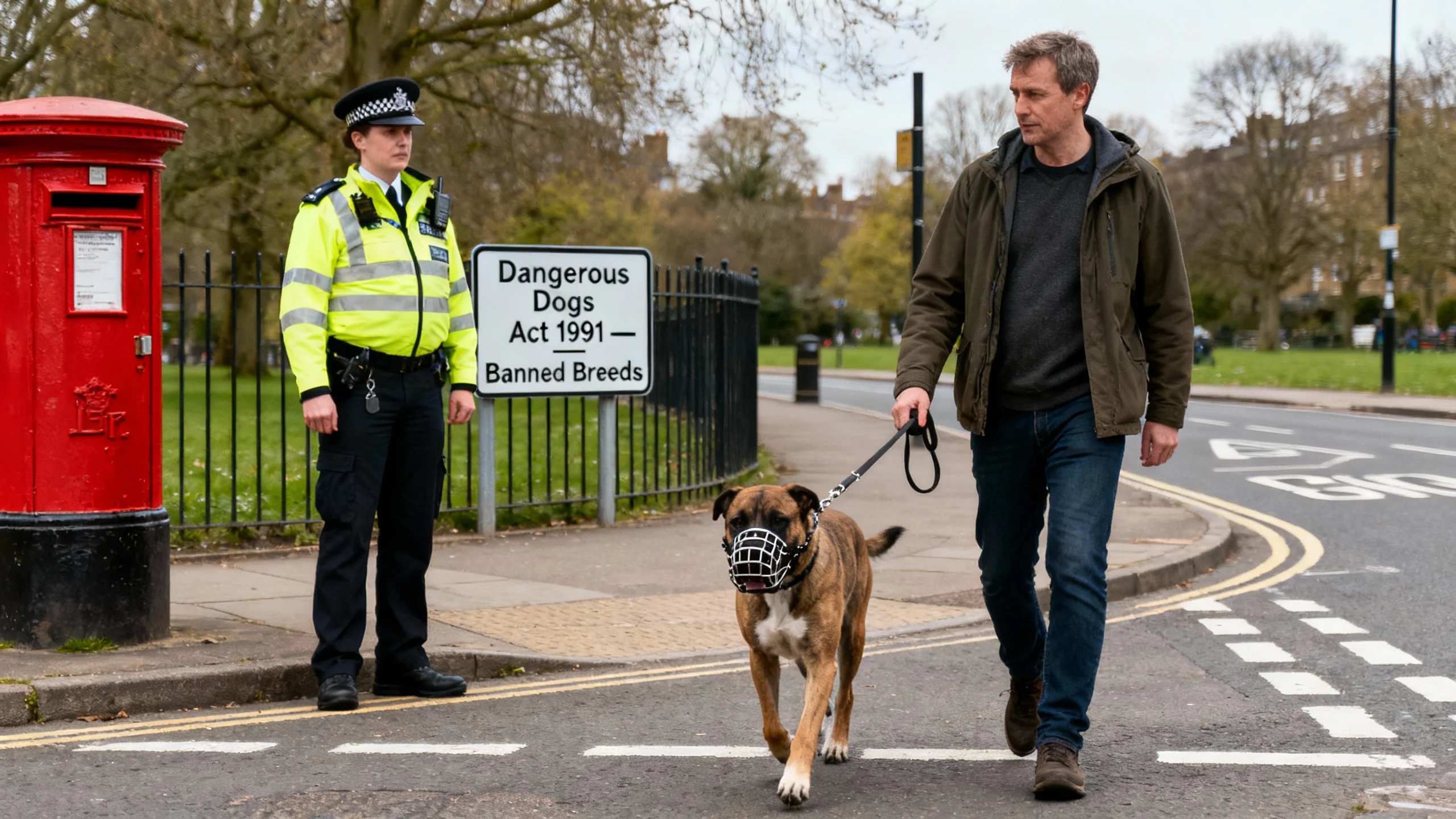 Dangerous Dogs Act UK sign with police officer and a muzzled dog being walked on a lead in a British street