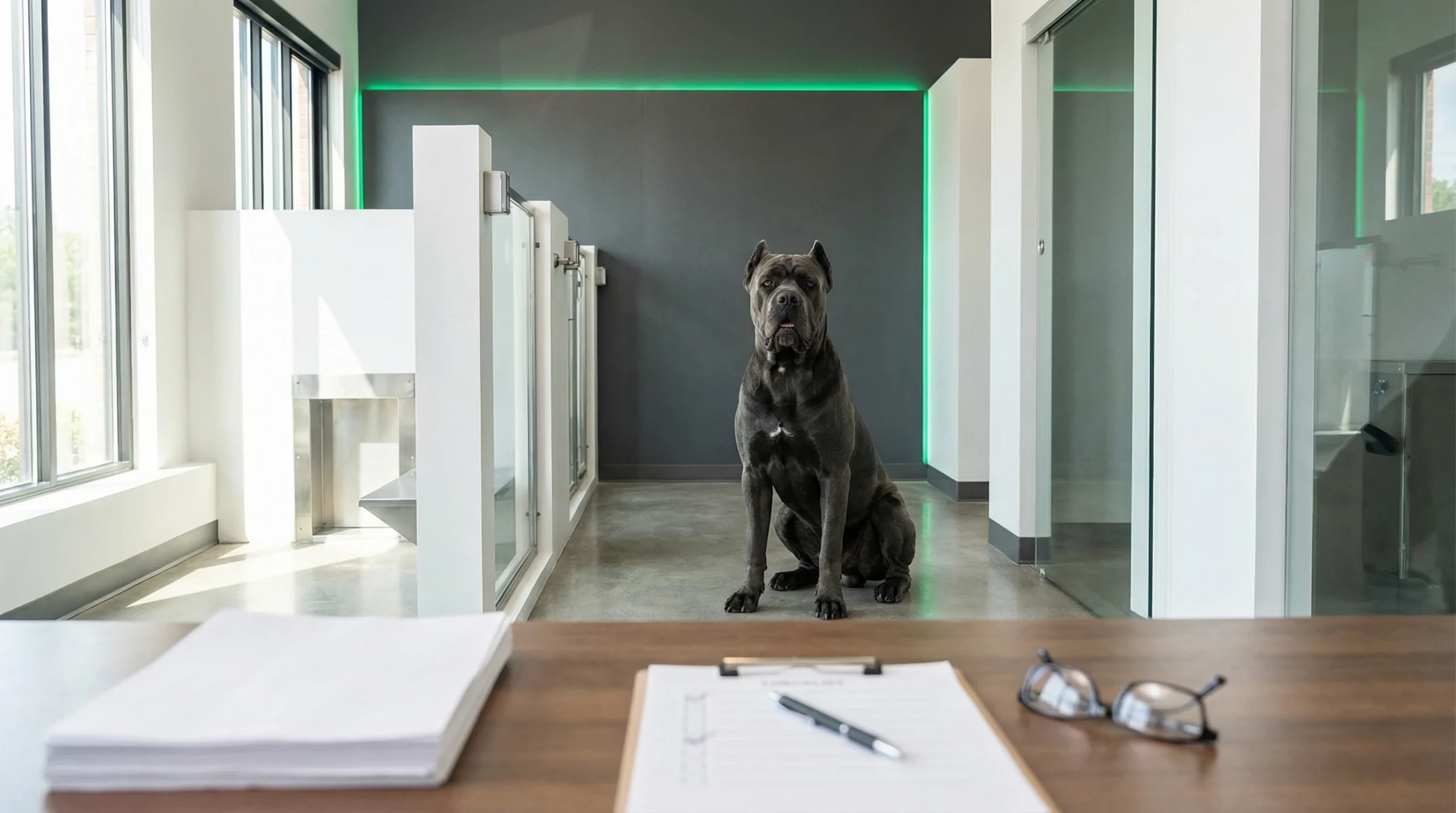 Dog breeding regulations UK illustrated by a dog in a controlled inspection environment