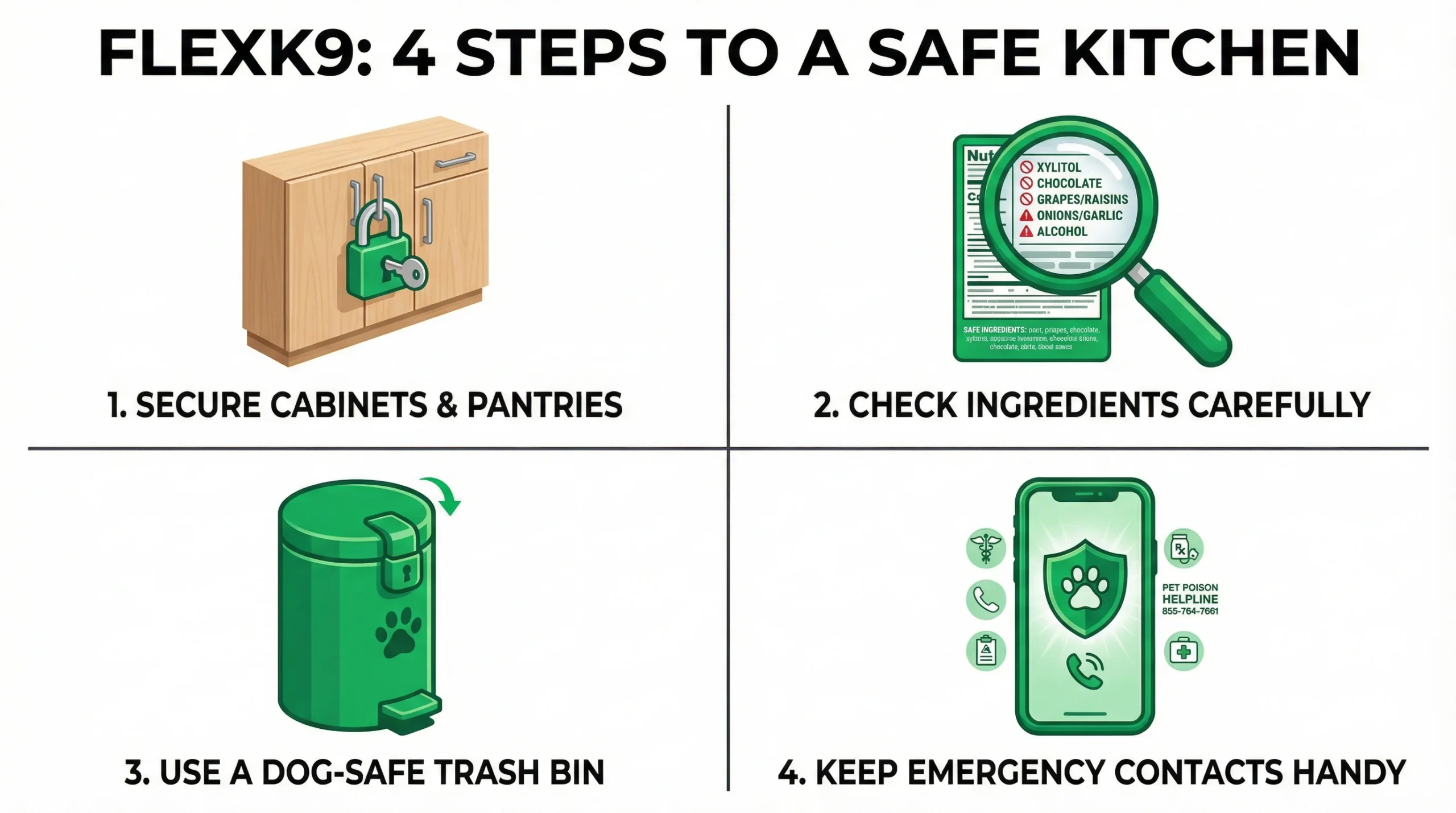 dog kitchen safety infographic showing steps to prevent dogs accessing toxic foods