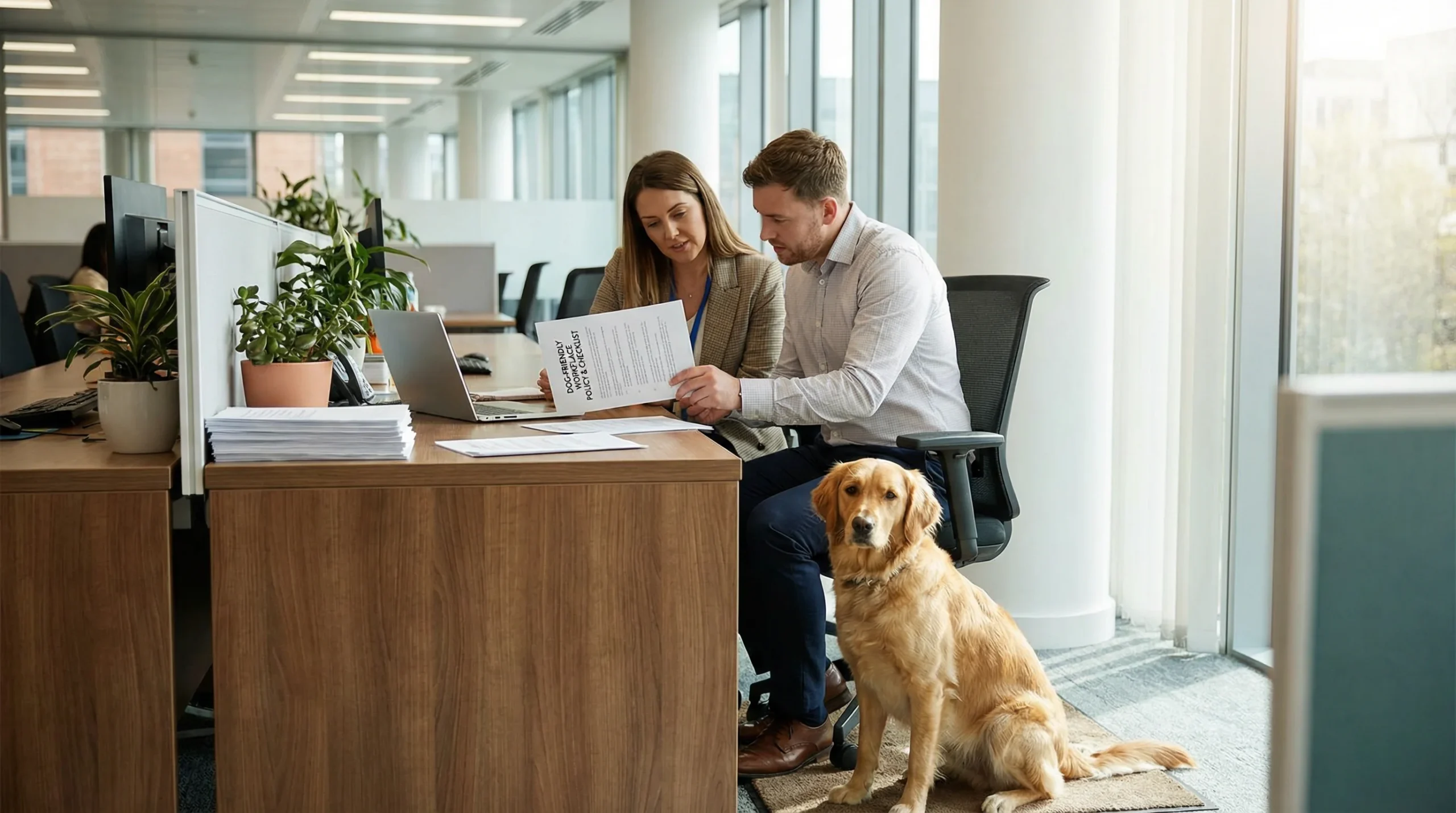 Dogs at workplace with HR staff reviewing a dog-friendly office policy in a modern UK workspace.