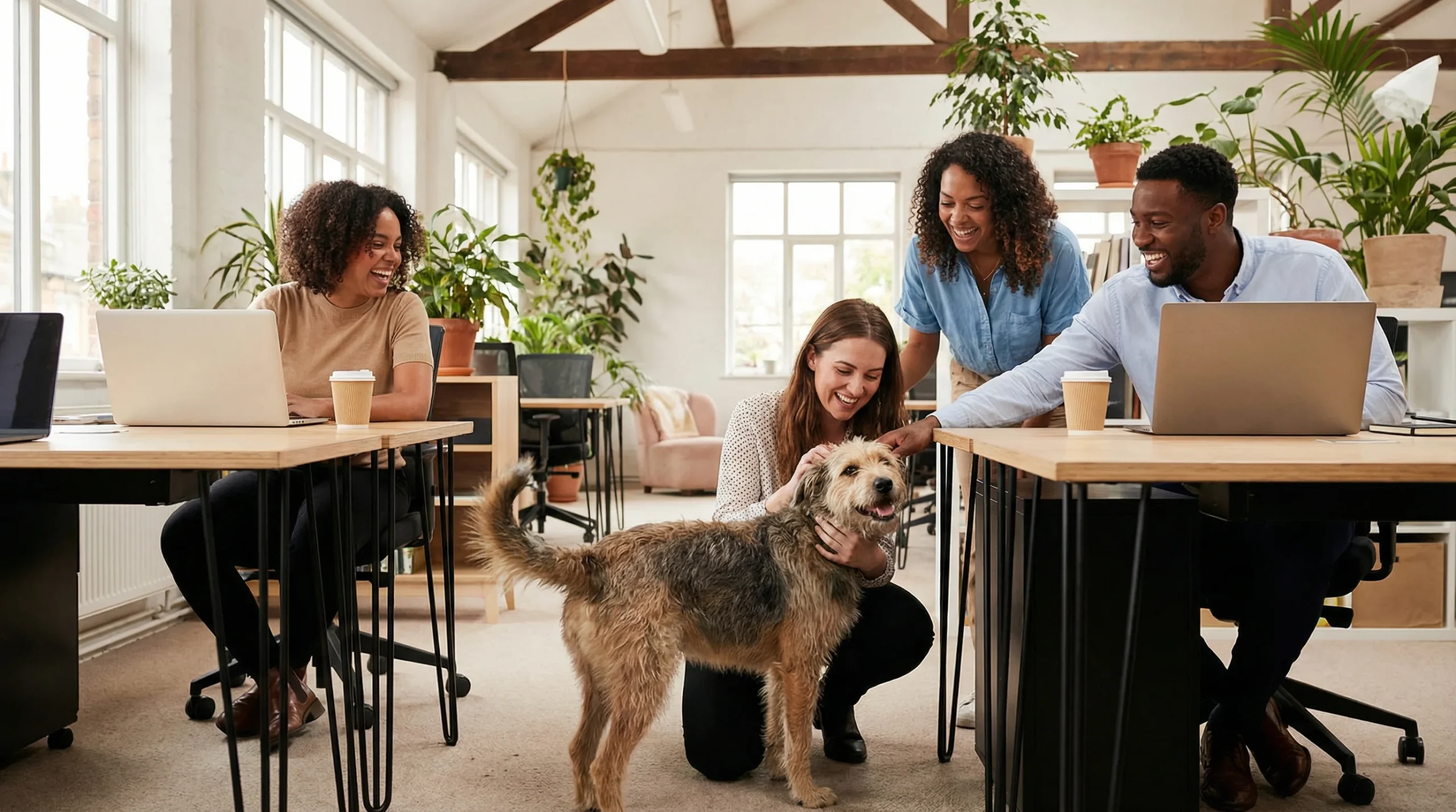 Dogs at workplace as a friendly office dog greets team members in a modern UK office environment.