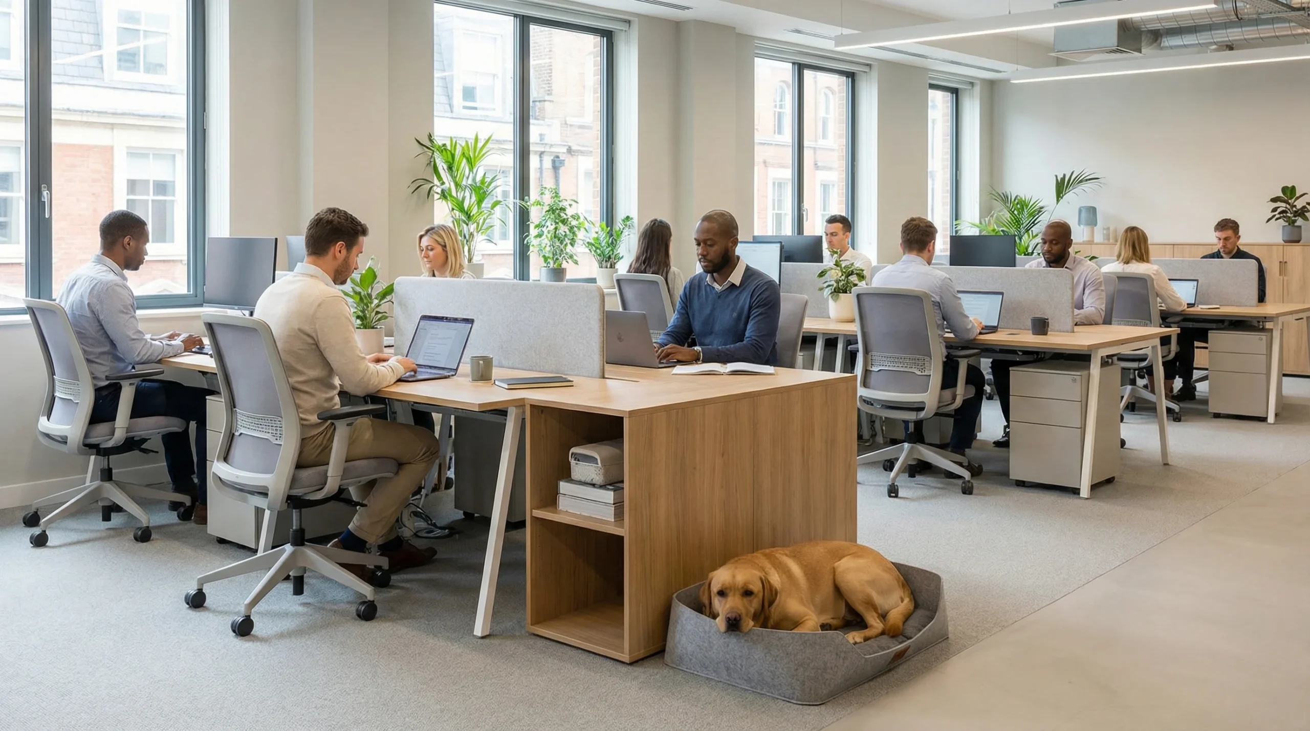 Dogs at workplace in a modern UK office with employees working and a calm office dog resting beside a desk.