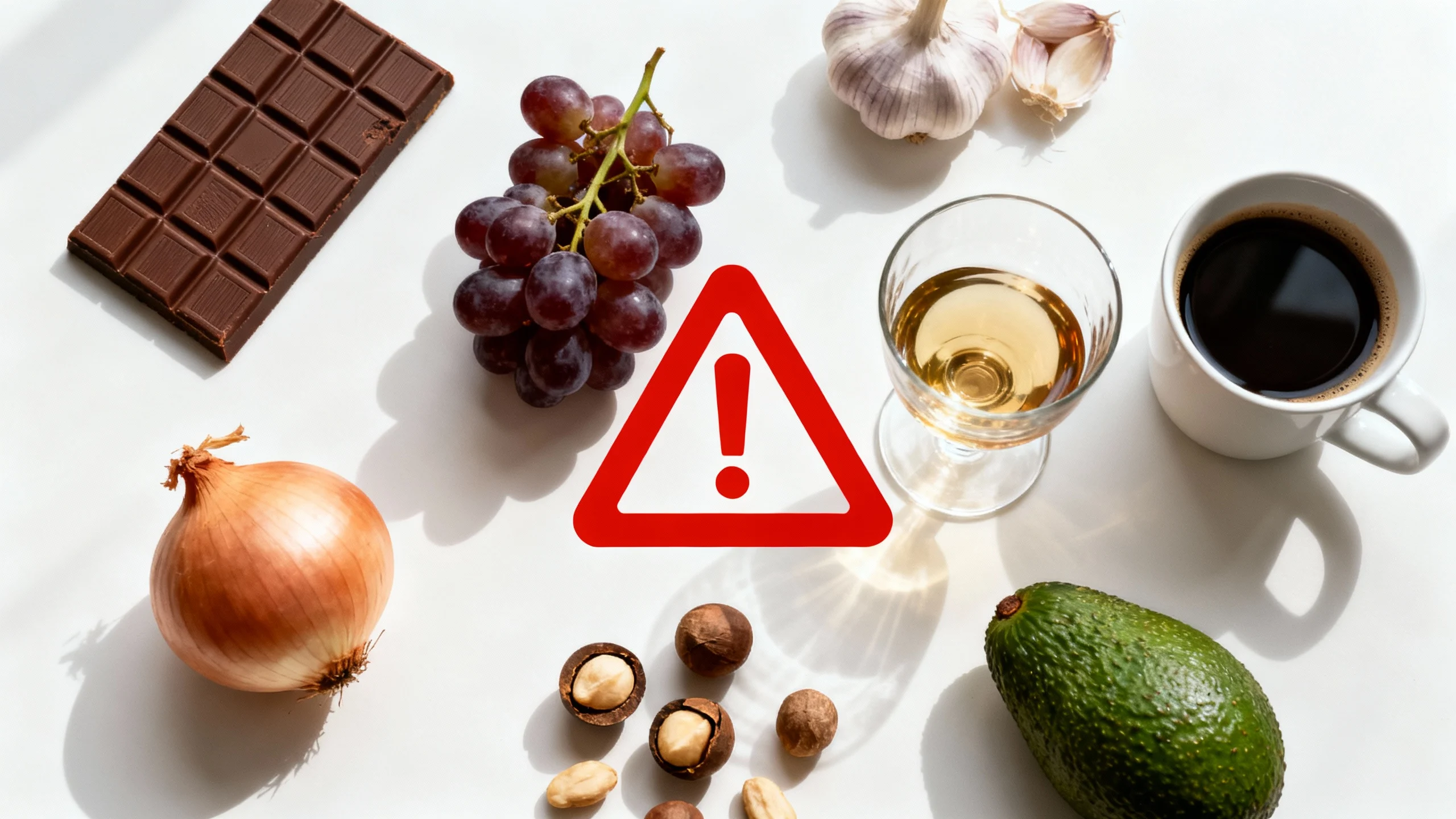 Foods That Can Kill Your Dog – Flat Lay Warning Image foods that can kill your dog – flat lay of chocolate, grapes, onion, garlic, avocado, coffee and alcohol with a red warning sign