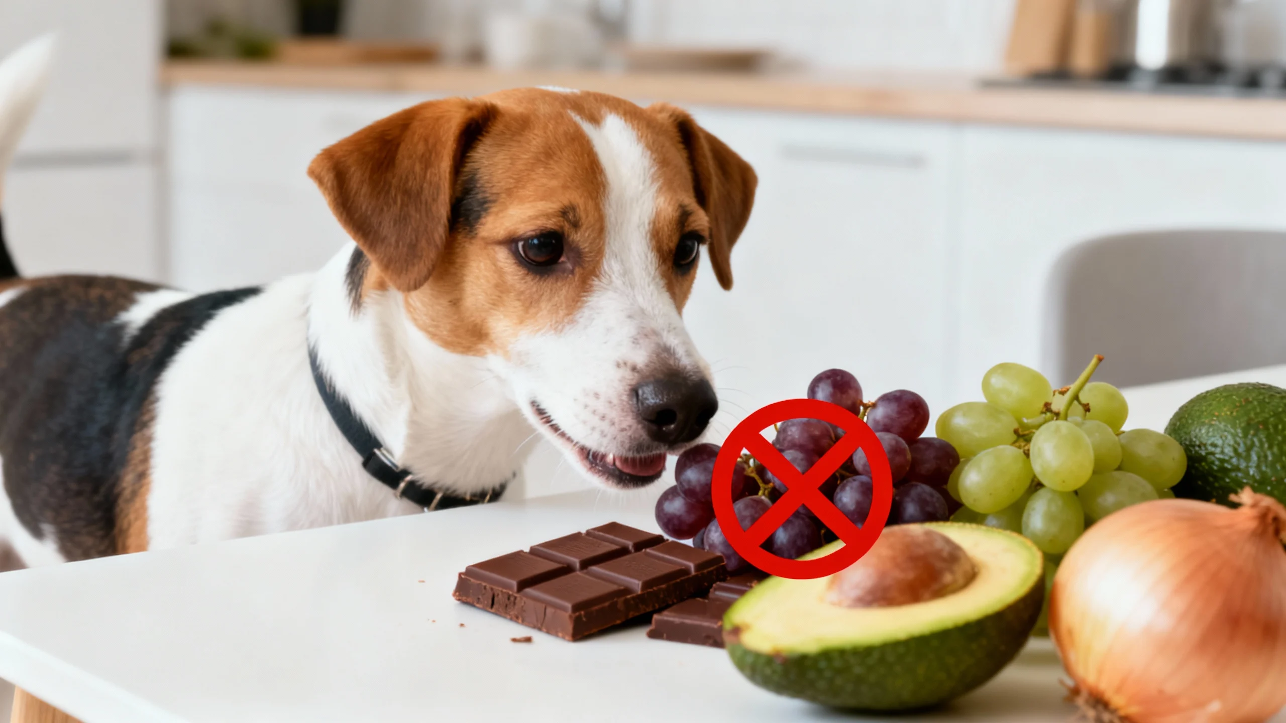foods that can kill your dog – dog near grapes, chocolate, avocado and onion, all toxic foods for dogs