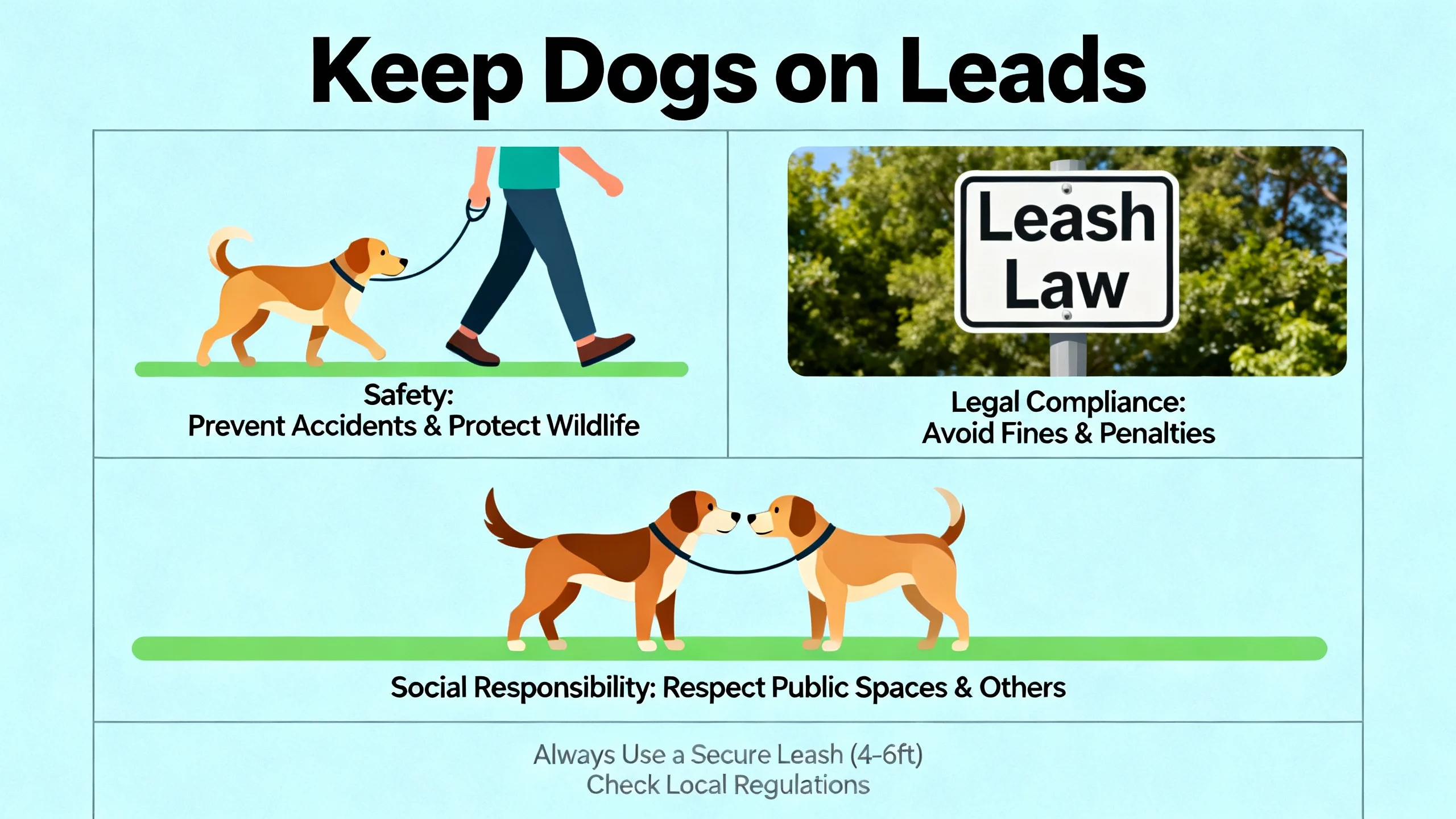 Keep dogs on leads to prevent accidents, protect wildlife, and comply with UK leash laws. Illustrated guide showing safe, responsible dog walking.