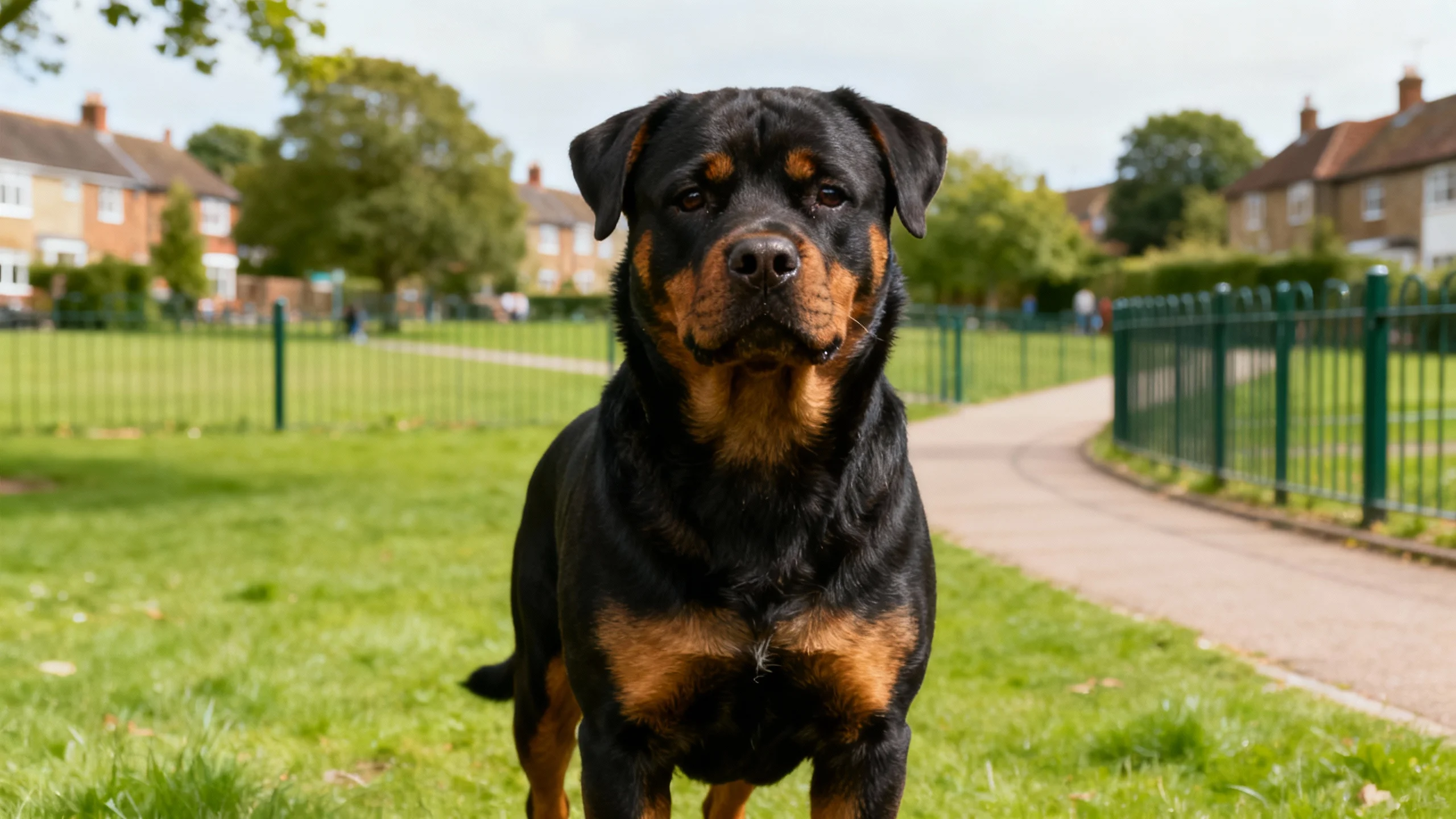 Are Rottweilers banned in the UK? — calm Rottweiler standing in a British park