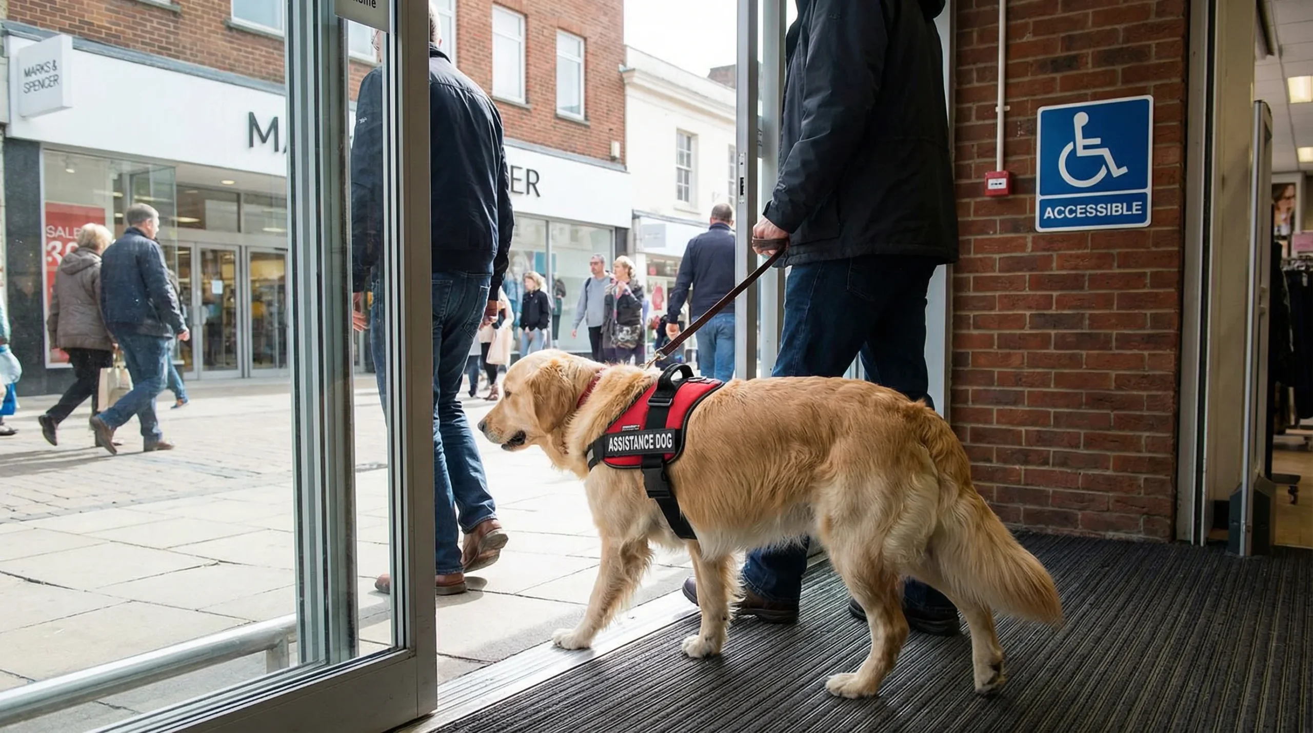 Service dog laws UK shown with an assistance dog entering a shop with its handler on a UK high street.