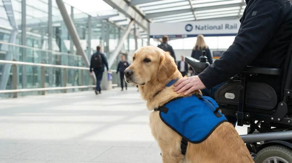 Service dog laws UK explained with an assistance dog beside a wheelchair user at a UK train station.