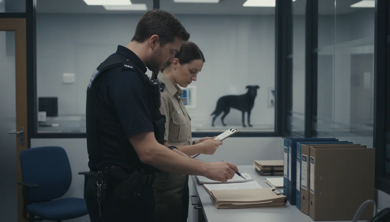UK police and animal control officers reviewing dangerous dogs paperwork in an assessment office