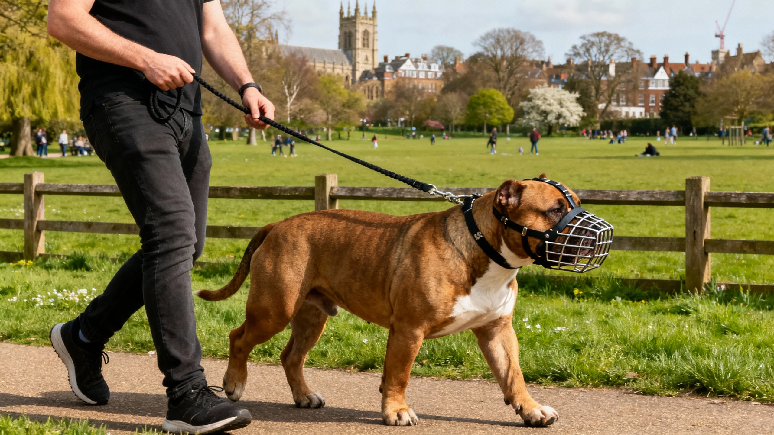 XL Bully being walked with a muzzle and lead in a UK park