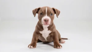 6-month-old Pit Bull puppy sitting on a white background, facing forward with relaxed posture.