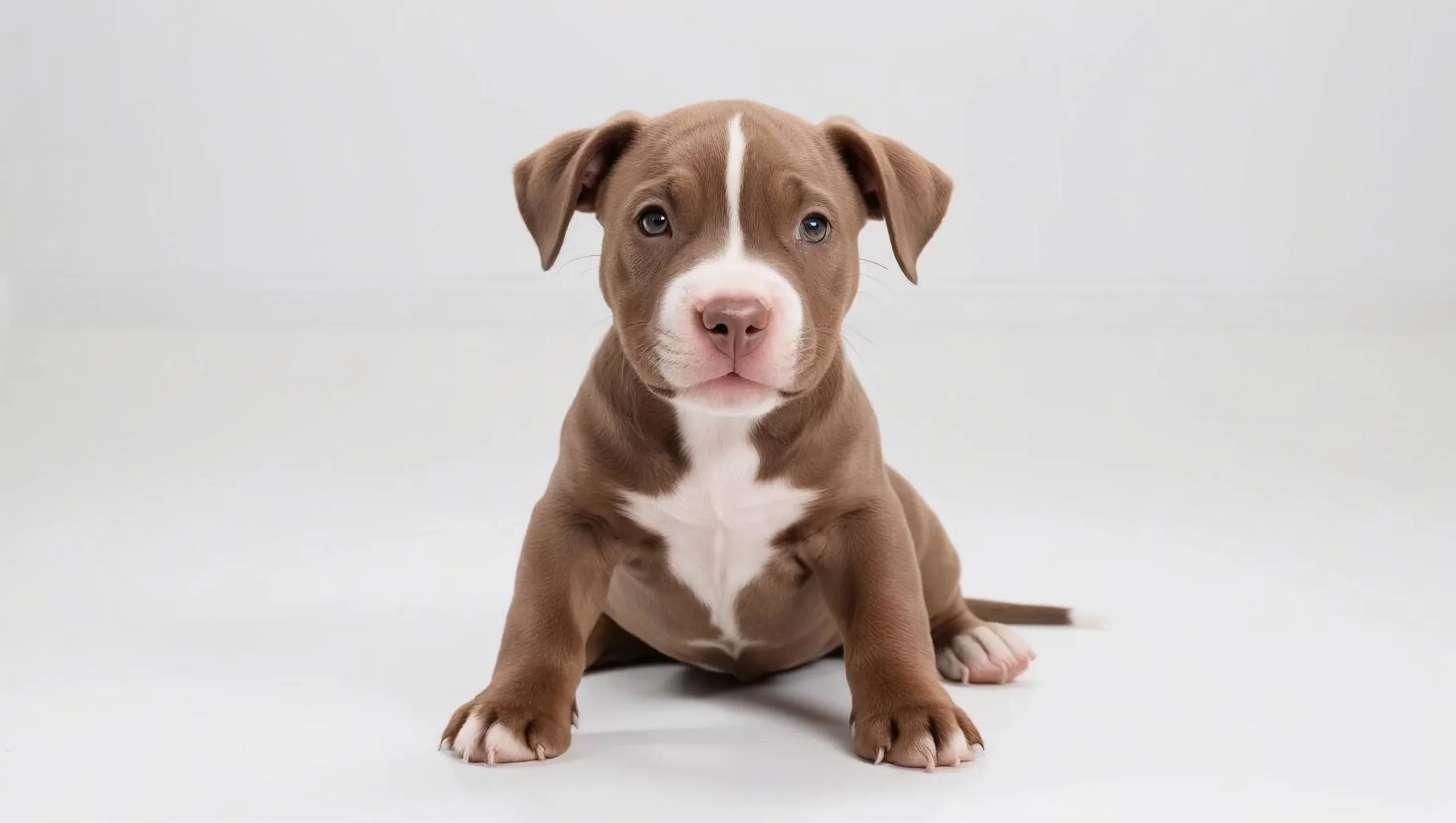 6-month-old Pit Bull puppy sitting on a white background, facing forward with relaxed posture.