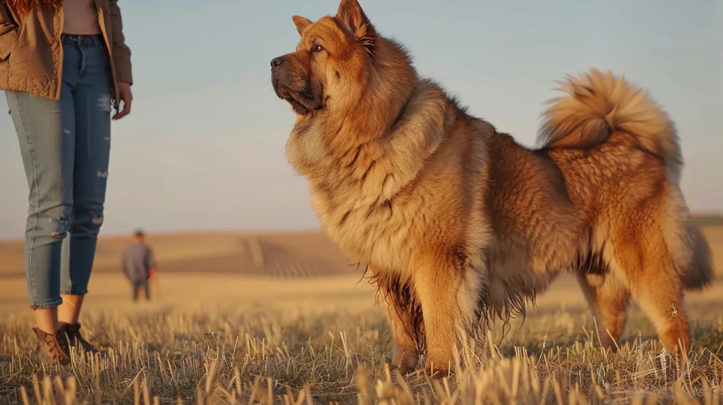Central Asian Shepherd Dog standing next to a person in a sunny rural field, highlighting its large size.