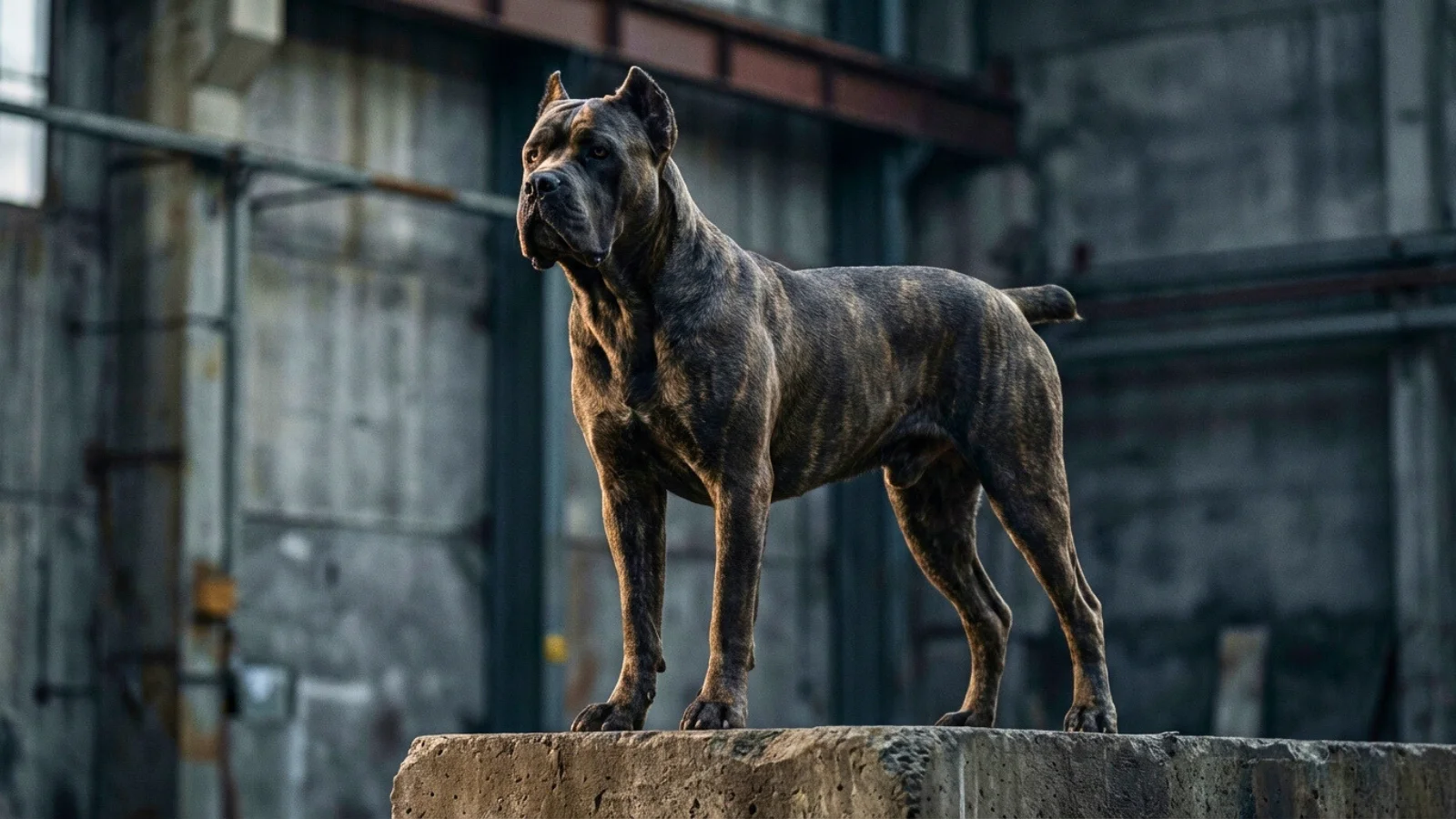 A powerful, adult brindle Cane Corso dog standing majestically on a concrete plinth in an industrial setting, illustrating impressive Cane Corso size and structural health.