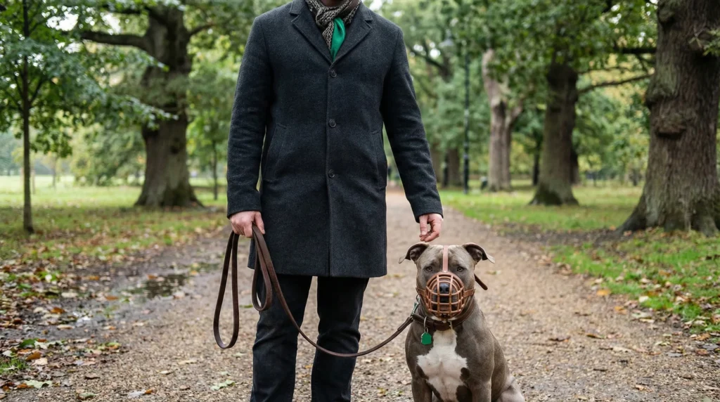 Are pitbulls aggressive towards other dogs? A muzzled pit bull–type dog being walked responsibly on a lead in a UK park