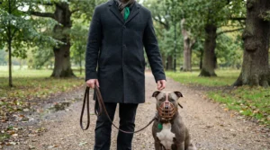 Are pitbulls aggressive towards other dogs? A muzzled pit bull–type dog being walked responsibly on a lead in a UK park