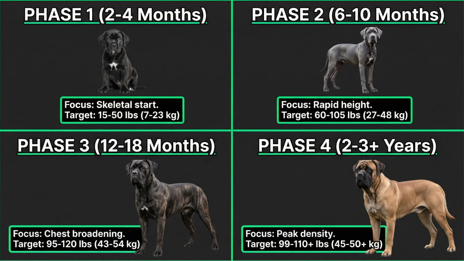 A 4-phase visual cane corso size chart showing growth from a 2-month-old puppy to a fully mature 3-year-old adult, detailing expected weight ranges in pounds and kilograms for each developmental stage.