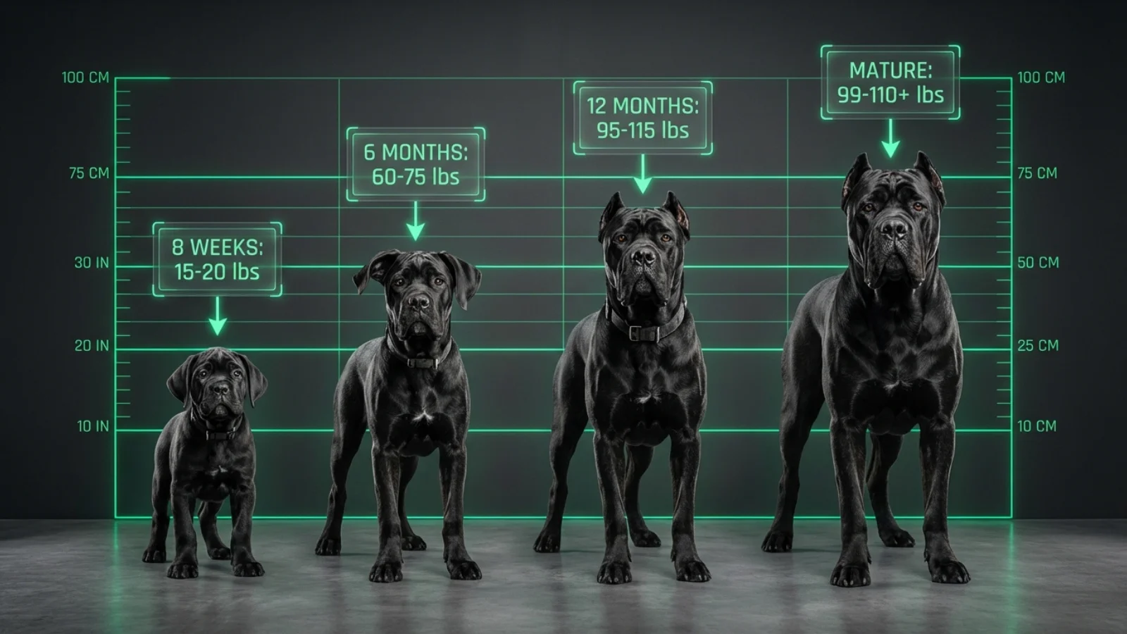 A visual cane corso size chart showing the growth progression of four black dogs from an 8-week-old puppy to a fully mature adult, set against a green measurement grid.