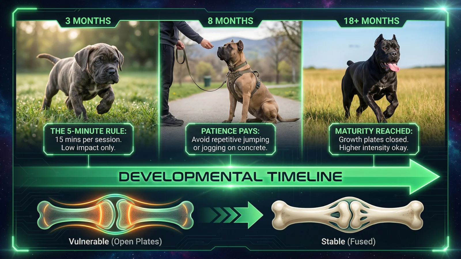A developmental timeline infographic showing safe exercise rules for a Cane Corso at 3, 8, and 18 months to protect their joints as they grow to their full adult cane corso size.