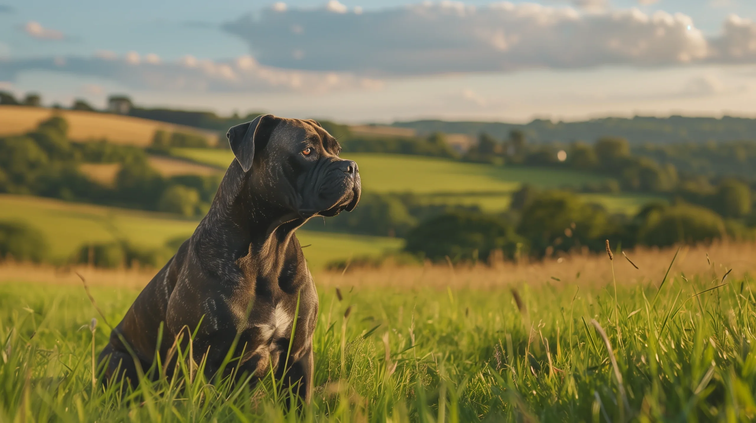 Calm Cane Corso sitting in a grassy UK field on a summer day, looking alert but gentle.