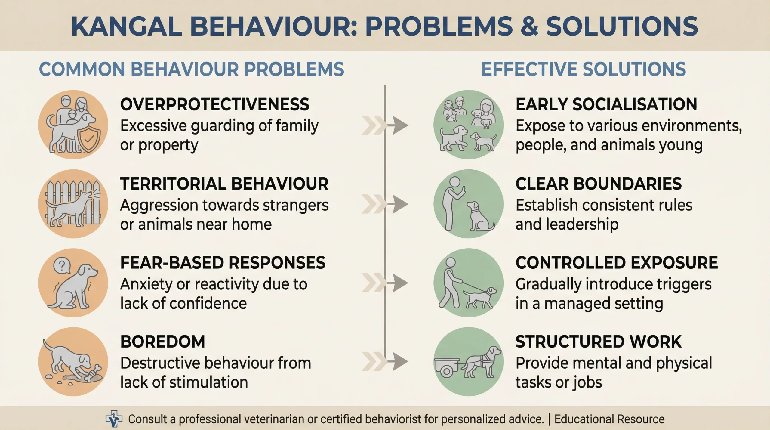 Kangal Shepherd Dog Temperament – Behaviour Problems and Solutions Kangal Shepherd dog temperament infographic showing common behaviour problems and practical training solutions