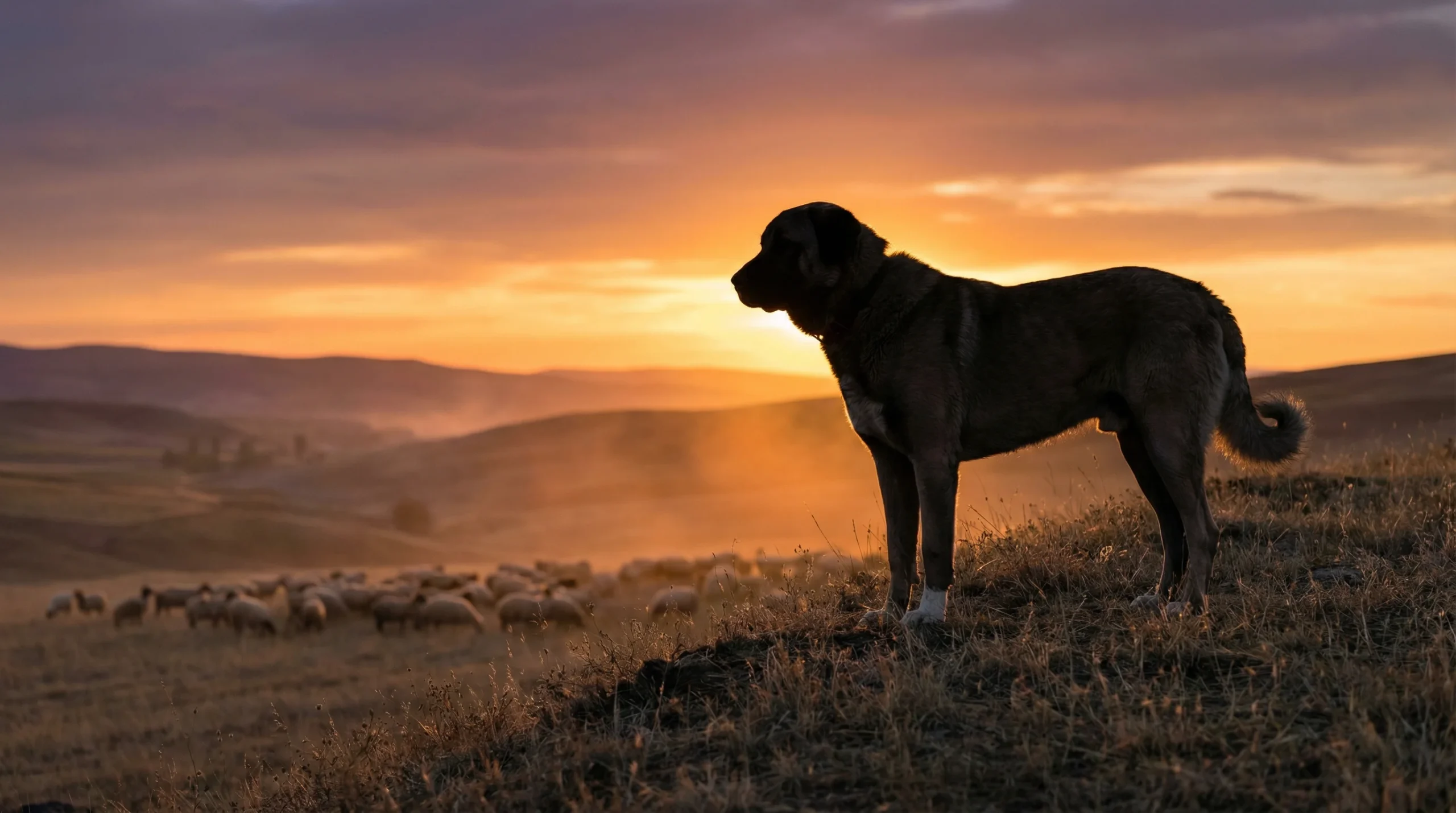 Kangal Shepherd Dog Temperament – Calm Guardian at Work Kangal Shepherd dog temperament shown by a calm livestock guardian watching over sheep at sunset