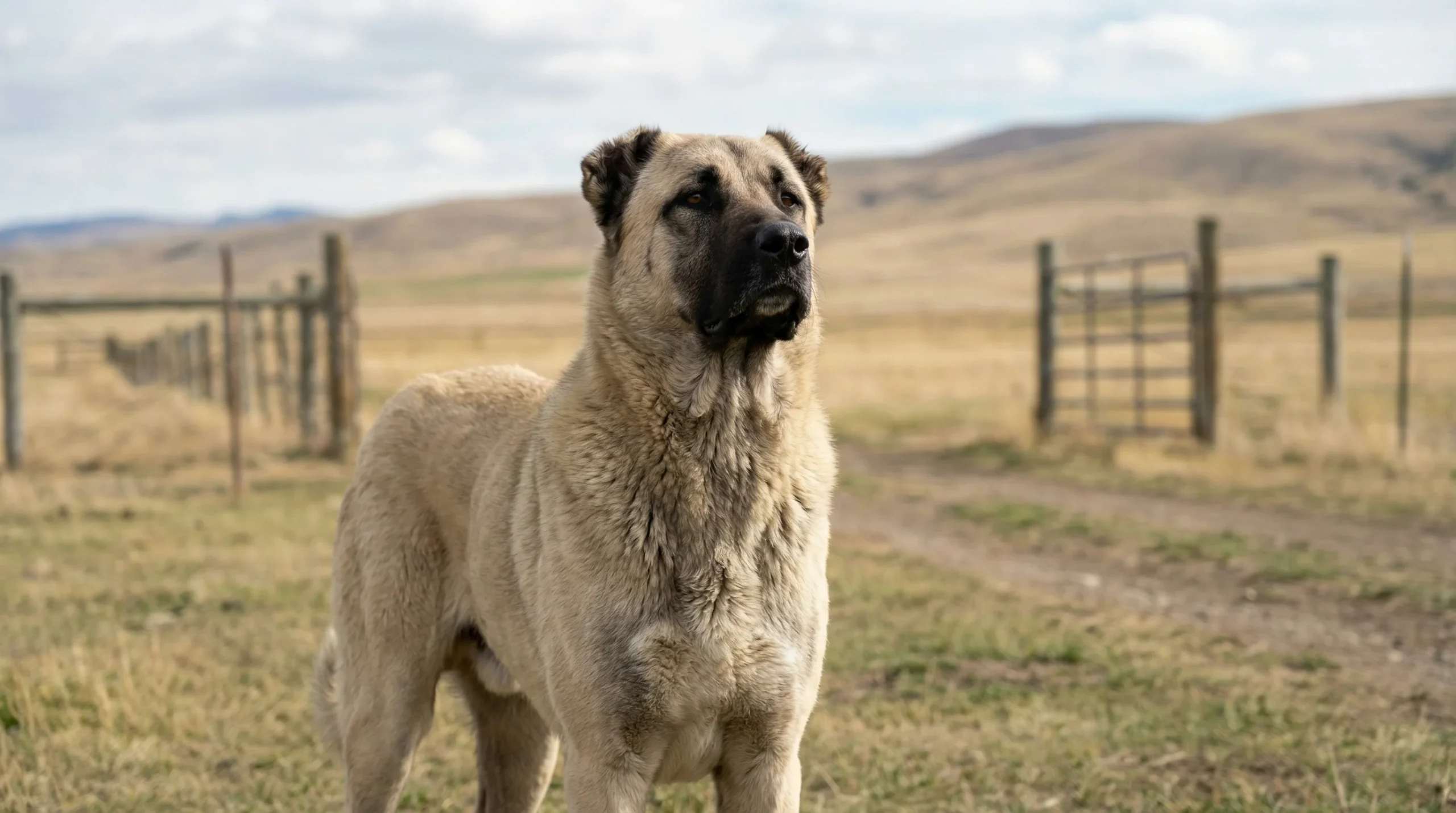 Kangal Shepherd dog temperament shown by a calm, alert guardian dog standing watchfully in a rural environment