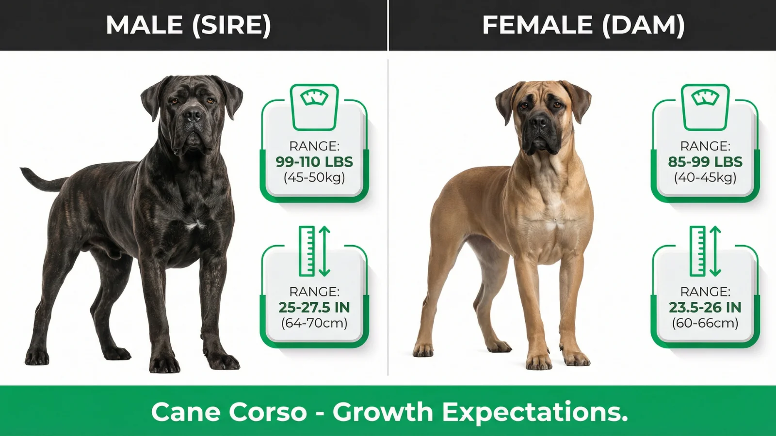 A hybrid infographic comparing the size and dimensions of a male and female Cane Corso. The male on the left is larger, with a listed weight range of 99-110 lbs (45-50kg) and height of 25-27.5 inches (64-70cm). The female on the right is smaller, weighing 85-99 lbs (40-45kg) and standing 23.5-26 inches (60-66cm) tall.