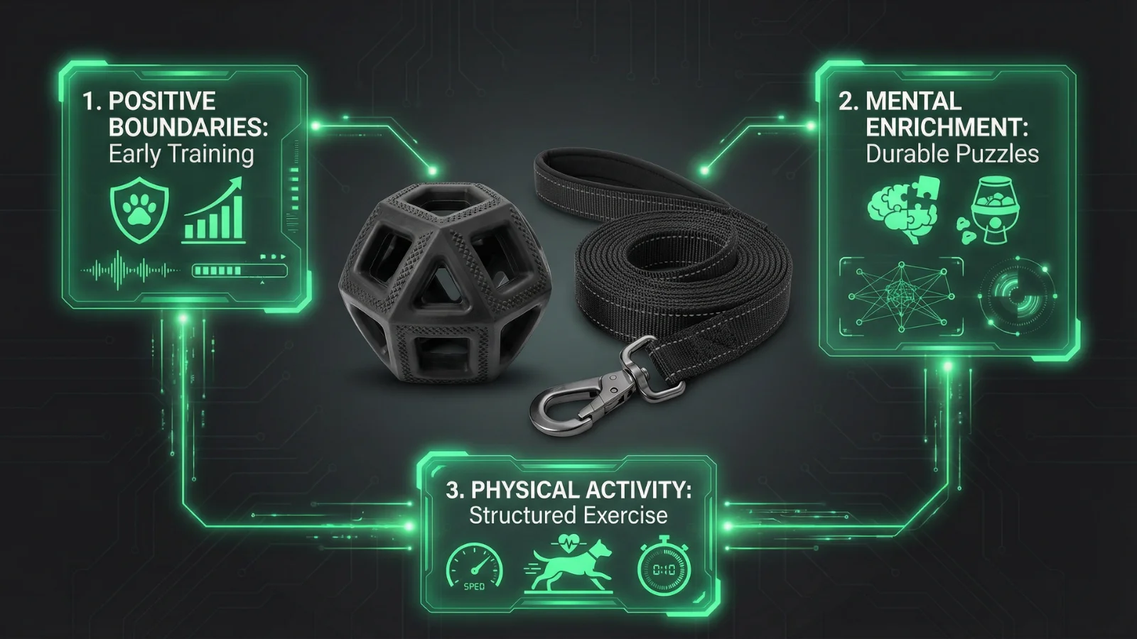 A digital infographic displaying a durable dog toy and leash, highlighting three core pillars—positive boundaries, mental enrichment, and physical activity—to safely manage a strong pitbull bite force psi.