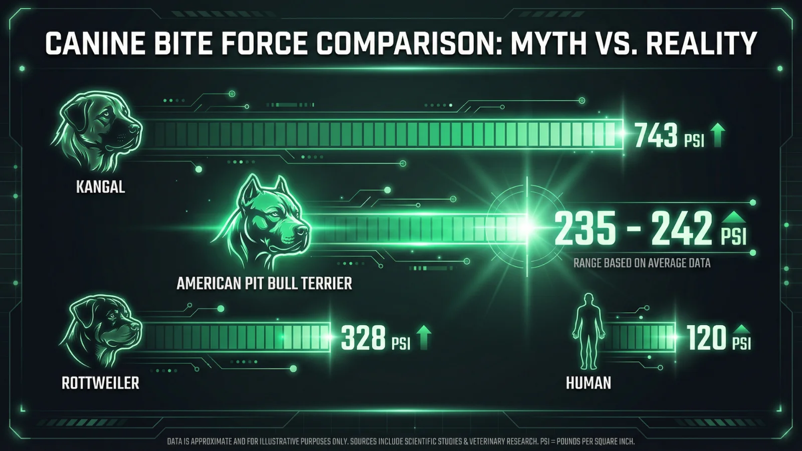 A comparison chart showing the pitbull bite force psi vs. the Kangal and Rottweiler.