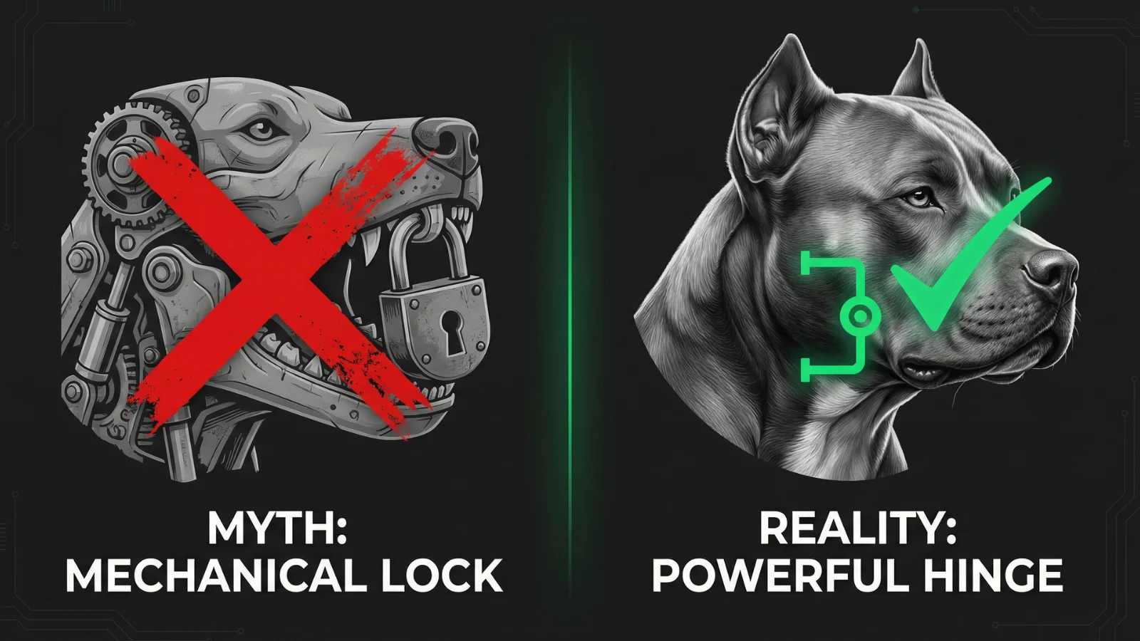 A FlexK9 infographic debunking the locking jaw myth often associated with pitbull bite force psi, comparing a crossed-out mechanical lock to a dog's natural hinge joint.