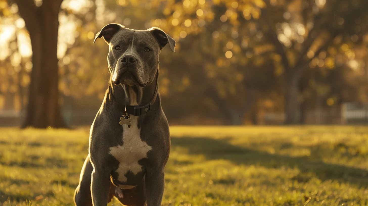 Calm American Pit Bull Terrier standing beside another dog in a peaceful park, both relaxed and alert.