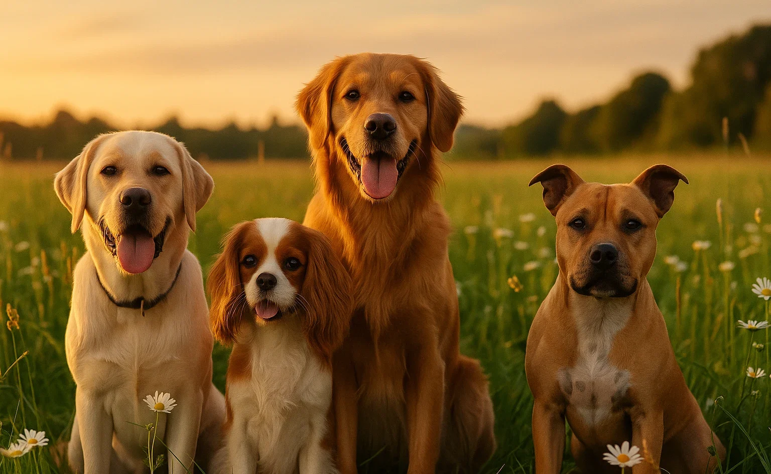 Best Family Dogs UK: a Labrador Retriever, Golden Retriever, Cavalier King Charles Spaniel, and Staffordshire Bull Terrier sitting together in a sunny UK field.